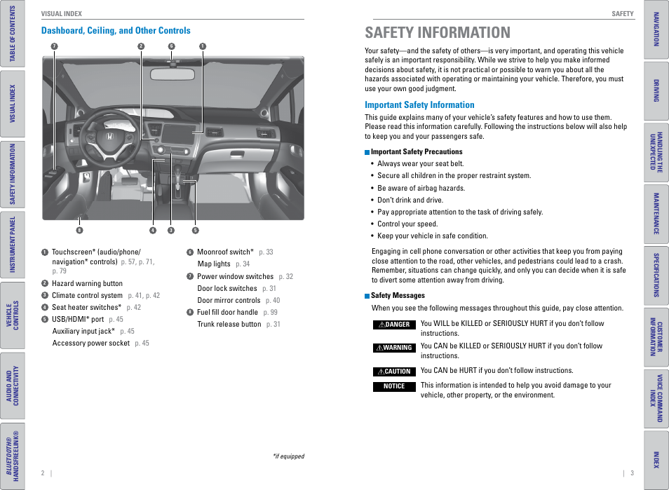 Dashboard, ceiling, and other controls, Safety information, Important safety information | Safety informa, Tion | HONDA 2015 Civic (HF) - Owner's Guide (Revised 12/12/2014) User Manual | Page 5 / 79