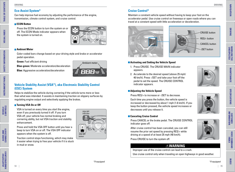 Eco assist system, Cruise control, P. 95 | P. 94, Eco assist system* vehicle stability assist (vsa, Warning | HONDA 2015 Civic (HF) - Owner's Guide (Revised 12/12/2014) User Manual | Page 51 / 79