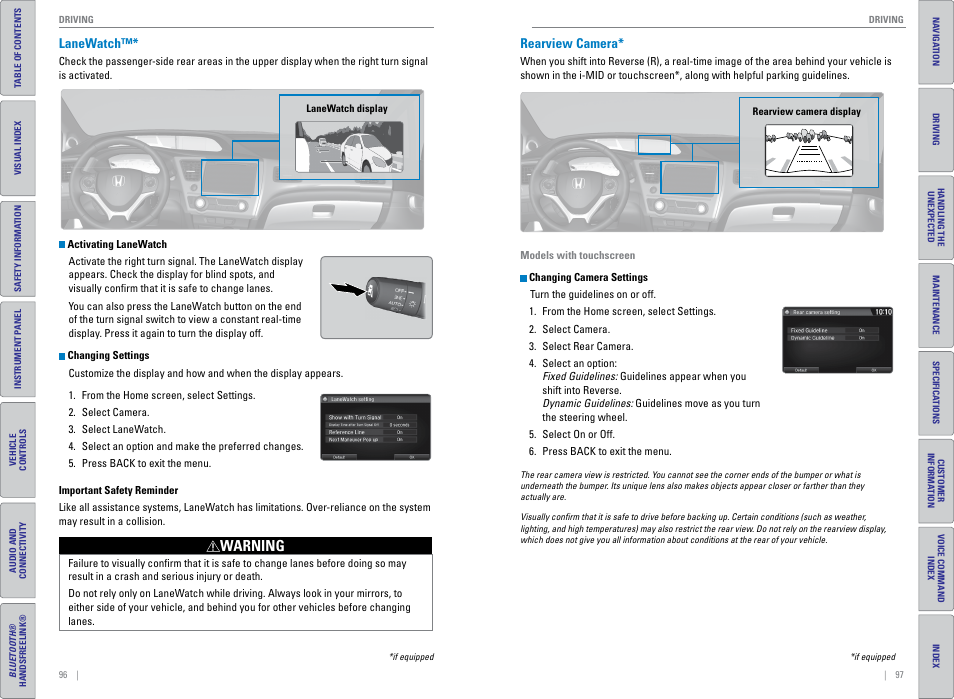 Lanewatch, Rearview camera, P. 96 | Lanewatch™* rearview camera, Warning | HONDA 2015 Civic (HF) - Owner's Guide (Revised 12/12/2014) User Manual | Page 52 / 79