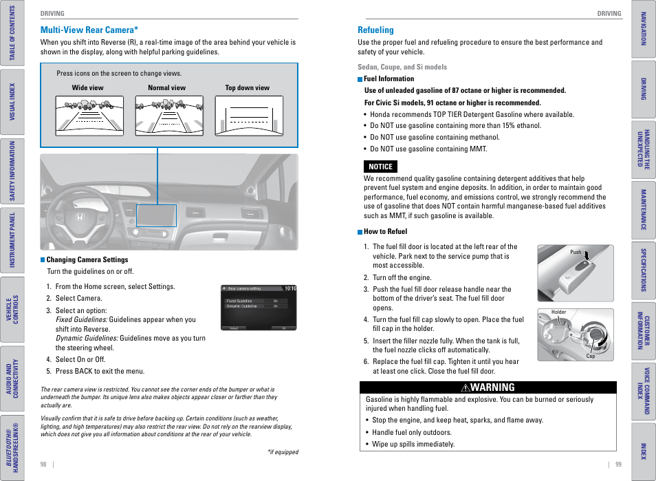 Multi-view rear camera, Refueling, Multi-view rear camera* refueling | P. 99, Warning | HONDA 2015 Civic (HF) - Owner's Guide (Revised 12/12/2014) User Manual | Page 53 / 79