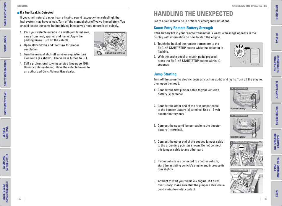 Handling the unexpected, Smart entry remote battery strength, Jump starting | Handling the, Unexpected, Smart entry remote battery strength jump starting | HONDA 2015 Civic (HF) - Owner's Guide (Revised 12/12/2014) User Manual | Page 55 / 79