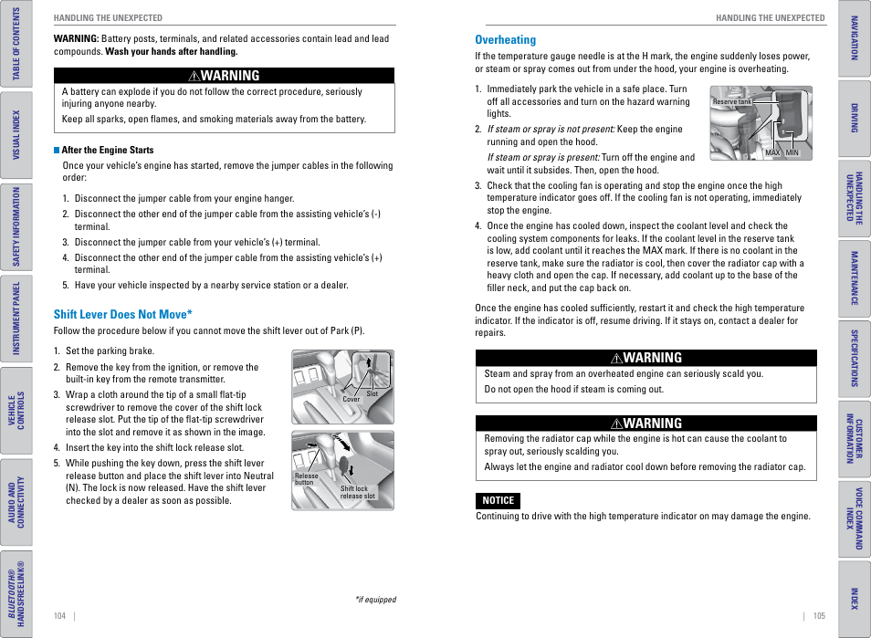 Shift lever does not move, Overheating, Shift lever does not move* overheating | Warning | HONDA 2015 Civic (HF) - Owner's Guide (Revised 12/12/2014) User Manual | Page 56 / 79