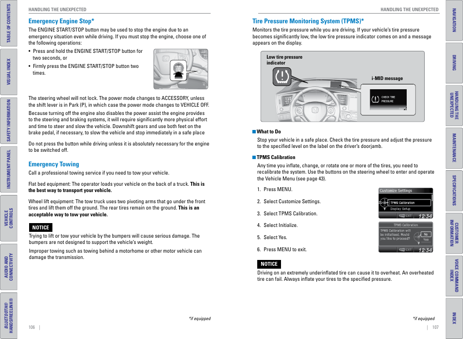 Emergency engine stop, Emergency towing, Tire pressure monitoring system (tpms) | HONDA 2015 Civic (HF) - Owner's Guide (Revised 12/12/2014) User Manual | Page 57 / 79
