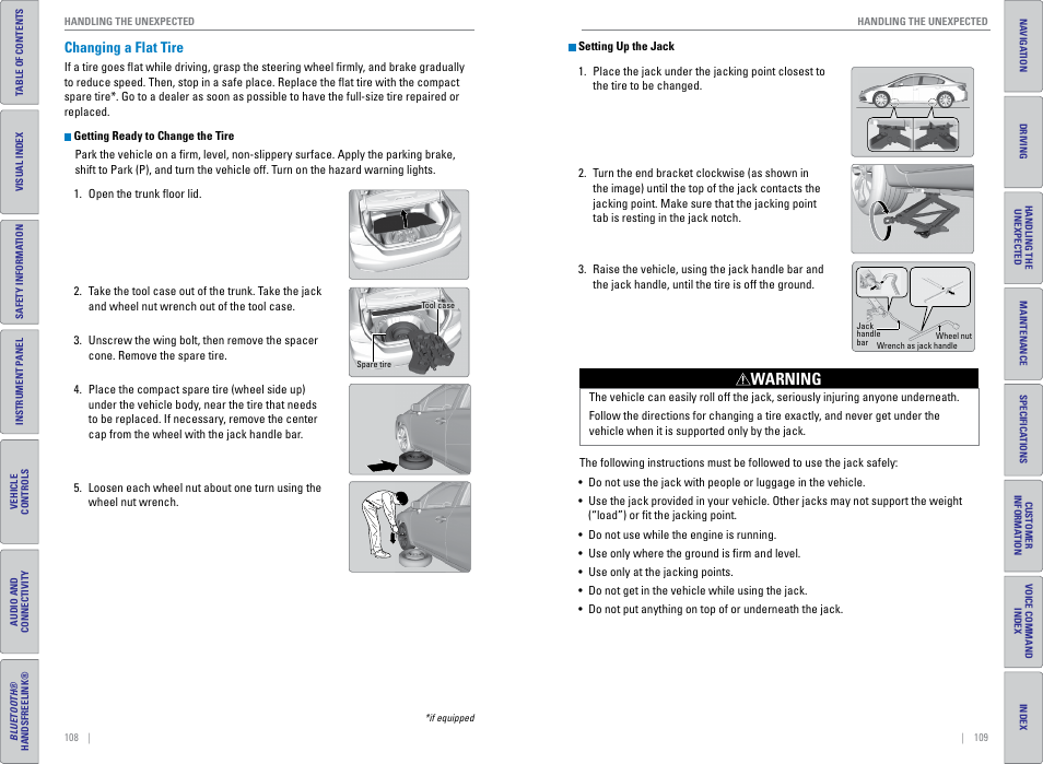 Changing a flat tire, Warning | HONDA 2015 Civic (HF) - Owner's Guide (Revised 12/12/2014) User Manual | Page 58 / 79