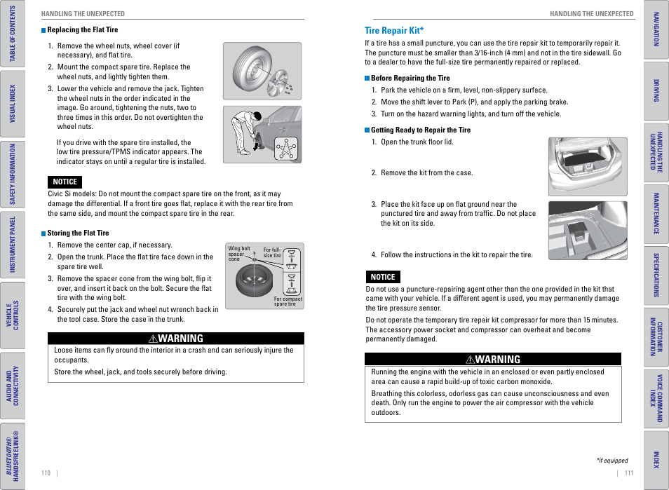 Tire repair kit, Warning | HONDA 2015 Civic (HF) - Owner's Guide (Revised 12/12/2014) User Manual | Page 59 / 79