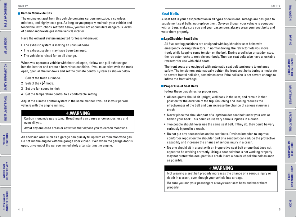 Seat belts, Warning | HONDA 2015 Civic (HF) - Owner's Guide (Revised 12/12/2014) User Manual | Page 6 / 79