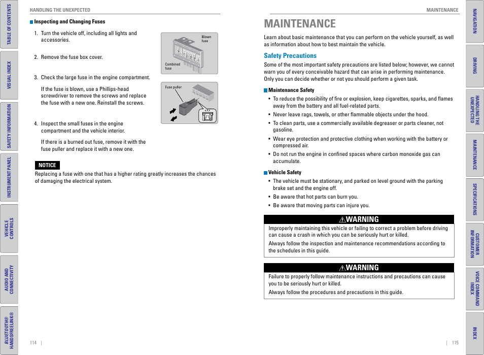 Maintenance, Safety precautions, Warning | HONDA 2015 Civic (HF) - Owner's Guide (Revised 12/12/2014) User Manual | Page 61 / 79