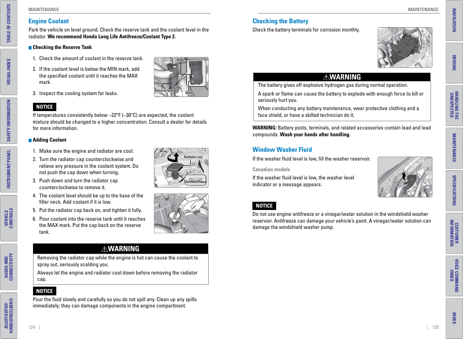 Engine coolant, Checking the battery, Window washer fluid | Warning | HONDA 2015 Civic (HF) - Owner's Guide (Revised 12/12/2014) User Manual | Page 66 / 79