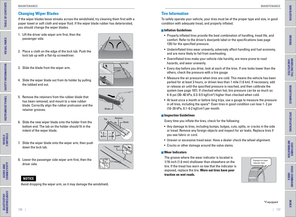 Changing wiper blades, Tire information, Changing wiper blades tire information | HONDA 2015 Civic (HF) - Owner's Guide (Revised 12/12/2014) User Manual | Page 67 / 79