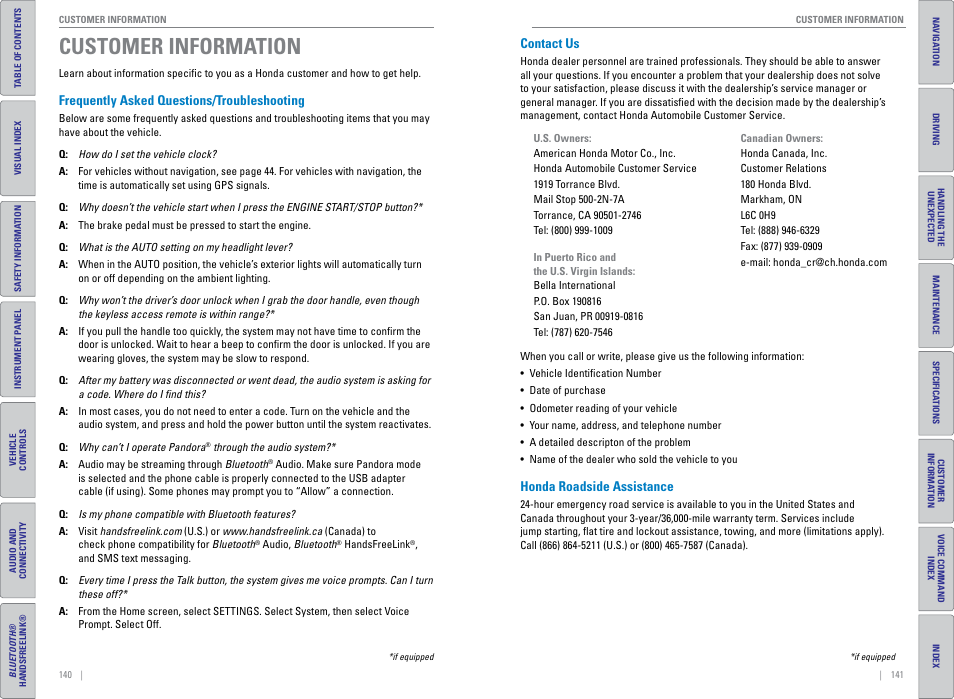 Customer information, Frequently asked questions/troubleshooting, Contact us | Honda roadside assistance, Customer, Informa, Tion | HONDA 2015 Civic (HF) - Owner's Guide (Revised 12/12/2014) User Manual | Page 74 / 79