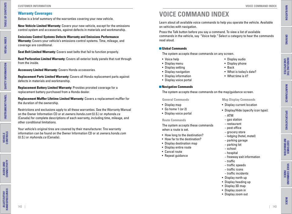 Warranty coverages, Voice command index, Voice command | Index | HONDA 2015 Civic (HF) - Owner's Guide (Revised 12/12/2014) User Manual | Page 75 / 79