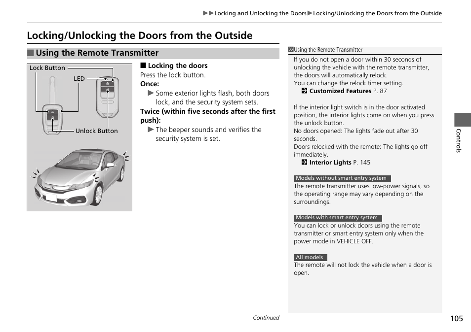 P105, Locking/unlocking the doors from the, Outside | Locking/unlocking the doors from the outside, Using the remote transmitter | HONDA 2015 Civic Si Coupe - Owner's Manual User Manual | Page 106 / 441