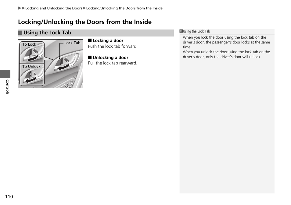 P110), Locking/unlocking the doors from the inside, Locking/unlocking the doors from the | Inside | HONDA 2015 Civic Si Coupe - Owner's Manual User Manual | Page 111 / 441