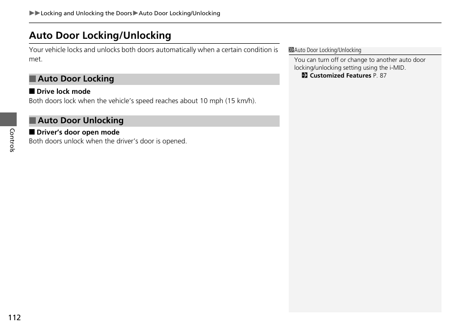 Auto door locking/unlocking | HONDA 2015 Civic Si Coupe - Owner's Manual User Manual | Page 113 / 441