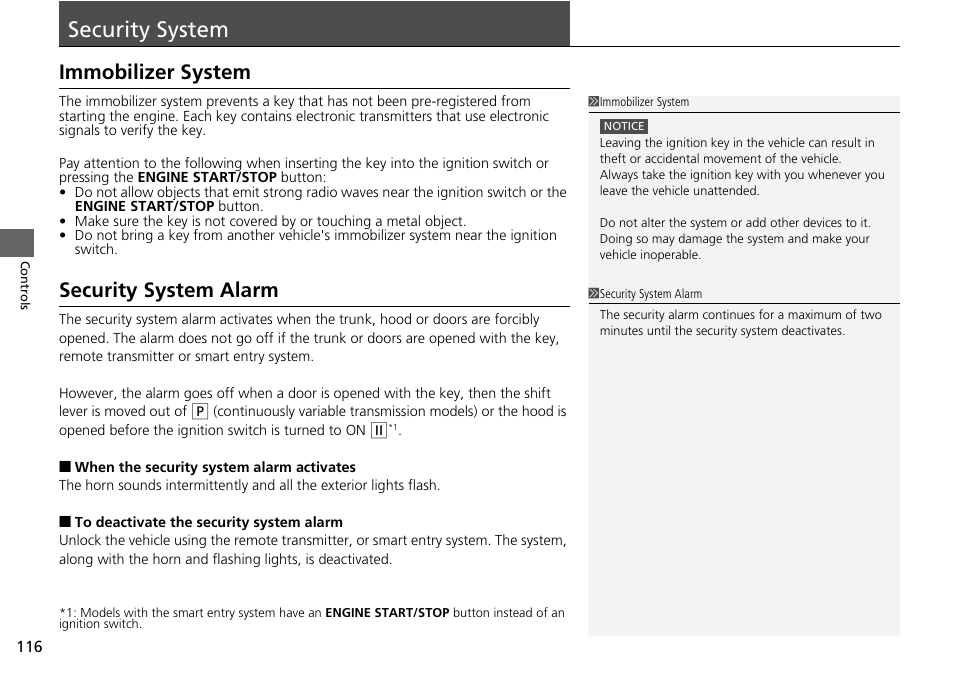 Security system, Immobilizer system security system alarm, Immobilizer system | Security system alarm | HONDA 2015 Civic Si Coupe - Owner's Manual User Manual | Page 117 / 441