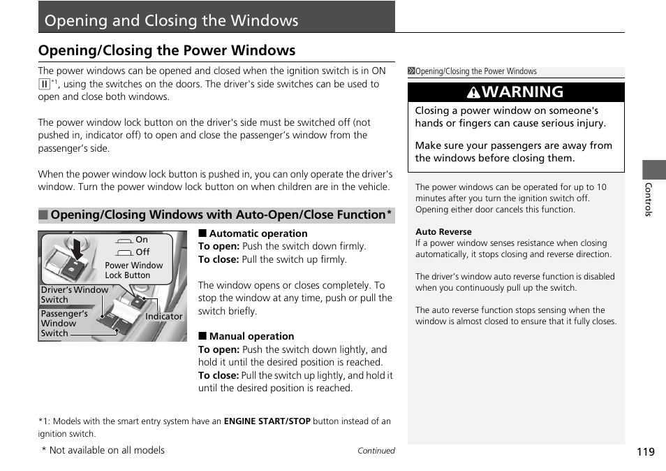 Opening and closing the windows, P119), Warning | Opening/closing the power windows | HONDA 2015 Civic Si Coupe - Owner's Manual User Manual | Page 120 / 441