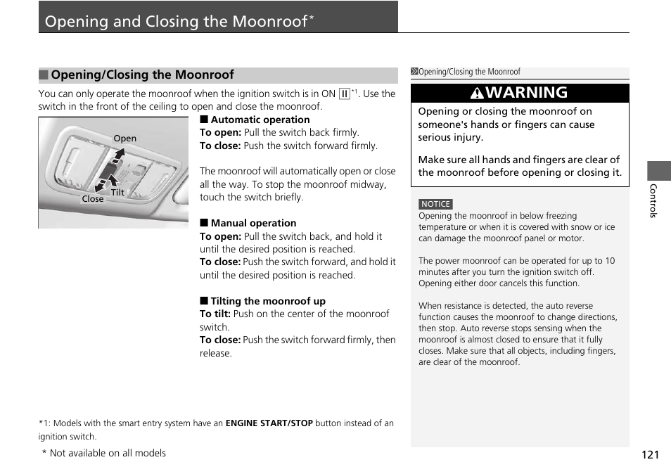 Opening and closing the moonroof, P121), Warning | HONDA 2015 Civic Si Coupe - Owner's Manual User Manual | Page 122 / 441