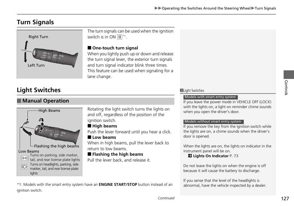 P127), P127, Turn signals light switches | Turn signals, Light switches, Manual operation | HONDA 2015 Civic Si Coupe - Owner's Manual User Manual | Page 128 / 441