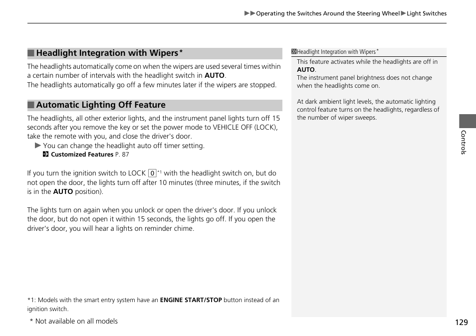 Headlight integration with wipers, Automatic lighting off feature | HONDA 2015 Civic Si Coupe - Owner's Manual User Manual | Page 130 / 441