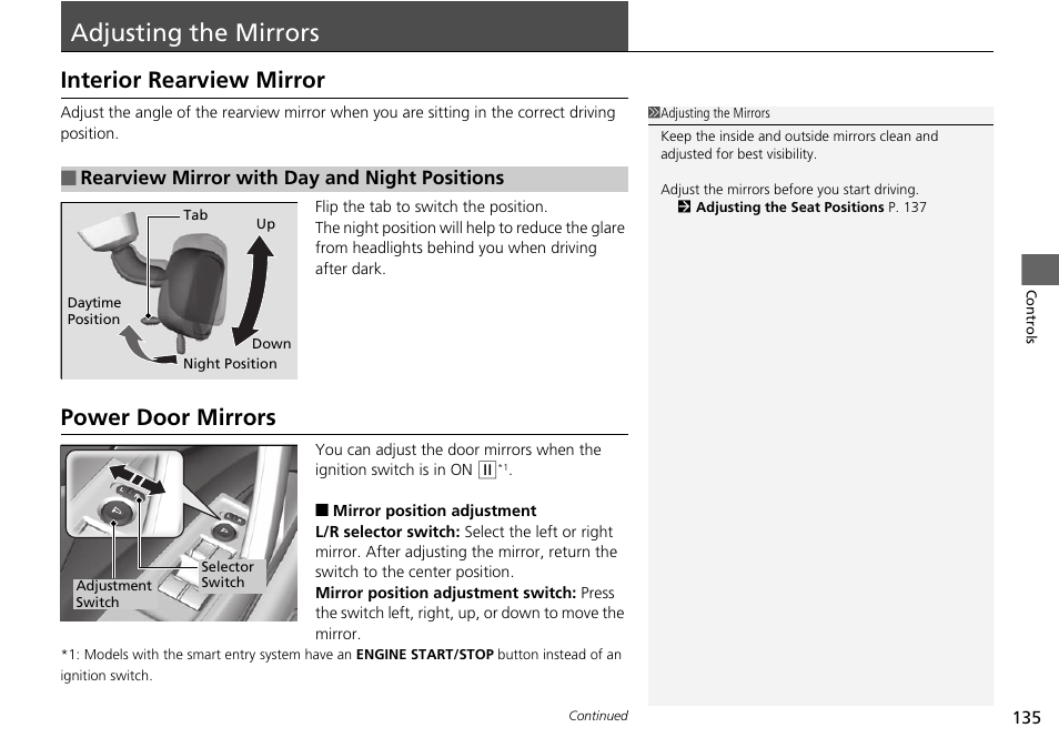 Adjusting the mirrors, P135), Interior rearview mirror power door mirrors | Interior rearview mirror, Power door mirrors | HONDA 2015 Civic Si Coupe - Owner's Manual User Manual | Page 136 / 441