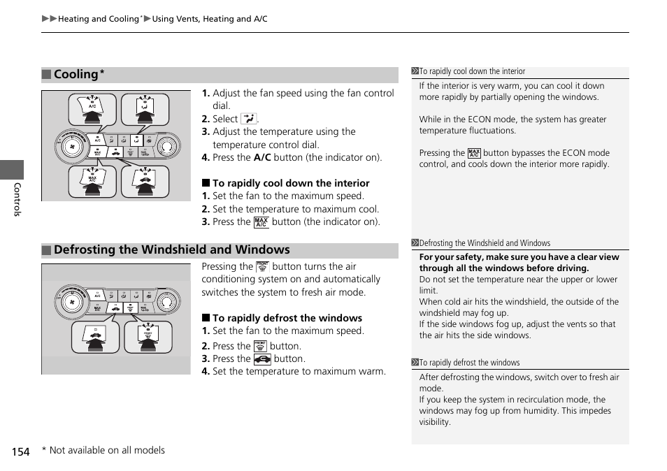 Cooling, Defrosting the windshield and windows | HONDA 2015 Civic Si Coupe - Owner's Manual User Manual | Page 155 / 441