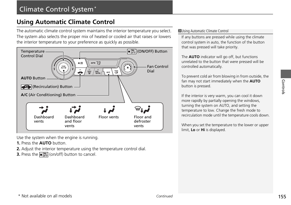 P155), Climate control system, Using automatic climate control | HONDA 2015 Civic Si Coupe - Owner's Manual User Manual | Page 156 / 441