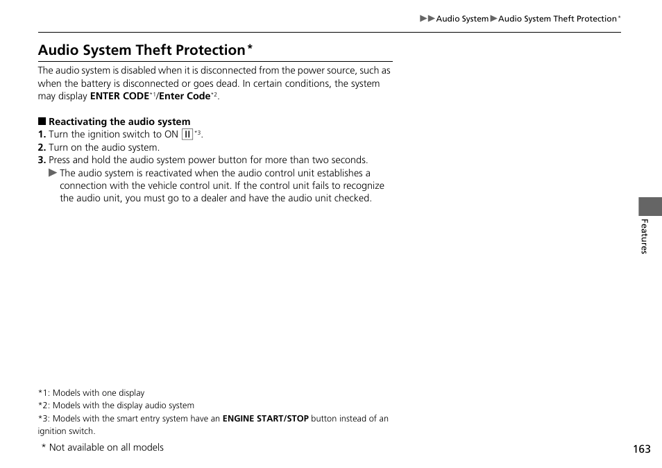 Audio system theft protection | HONDA 2015 Civic Si Coupe - Owner's Manual User Manual | Page 164 / 441