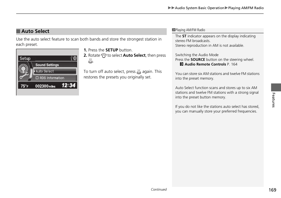 Auto select p. 169, Auto select | HONDA 2015 Civic Si Coupe - Owner's Manual User Manual | Page 170 / 441