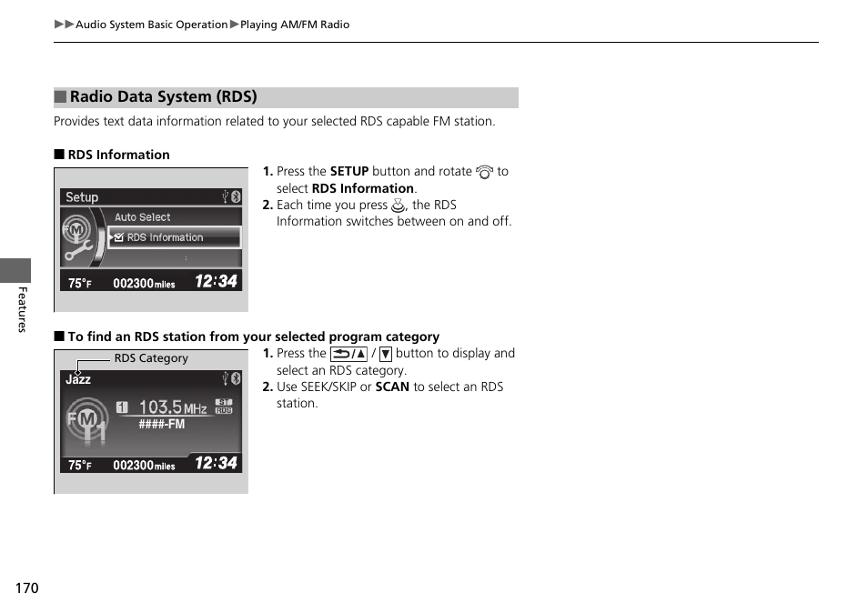 Rds information p. 170 | HONDA 2015 Civic Si Coupe - Owner's Manual User Manual | Page 171 / 441