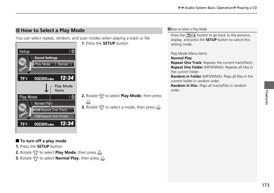 How to select a play mode | HONDA 2015 Civic Si Coupe - Owner's Manual User Manual | Page 174 / 441