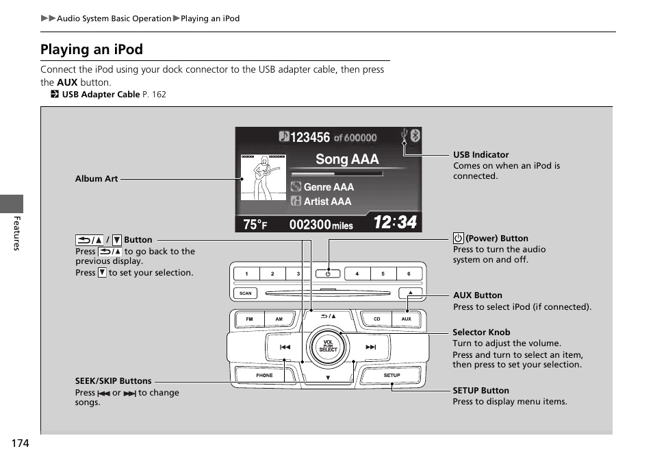 Playing an ipod, Song aaa | HONDA 2015 Civic Si Coupe - Owner's Manual User Manual | Page 175 / 441