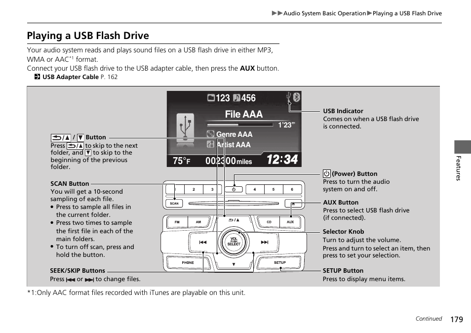 Playing a usb flash drive, File aaa | HONDA 2015 Civic Si Coupe - Owner's Manual User Manual | Page 180 / 441