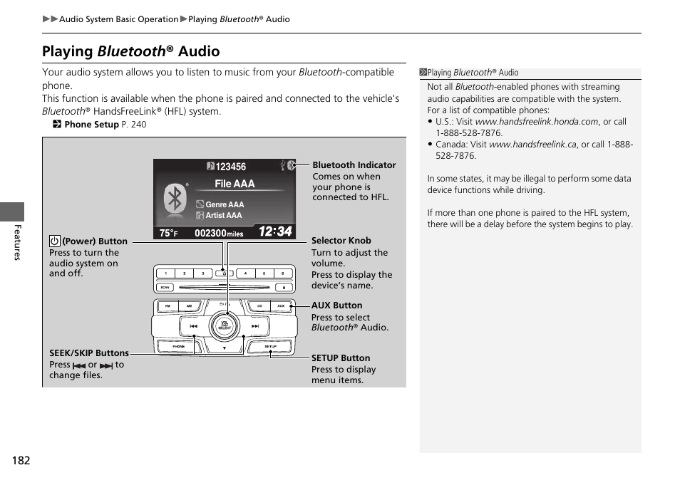 Playing bluetooth ® audio | HONDA 2015 Civic Si Coupe - Owner's Manual User Manual | Page 183 / 441