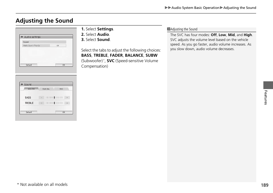 Adjusting the sound | HONDA 2015 Civic Si Coupe - Owner's Manual User Manual | Page 190 / 441