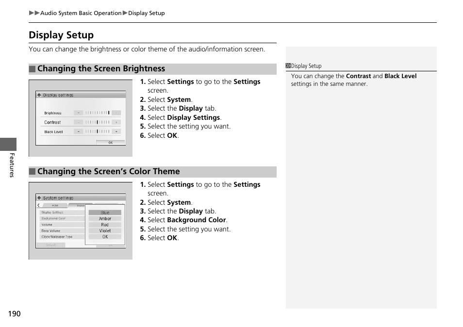 Display setup | HONDA 2015 Civic Si Coupe - Owner's Manual User Manual | Page 191 / 441