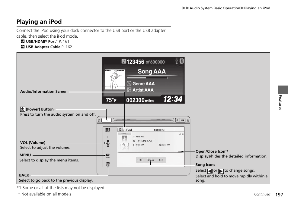 Playing an ipod, Song aaa | HONDA 2015 Civic Si Coupe - Owner's Manual User Manual | Page 198 / 441