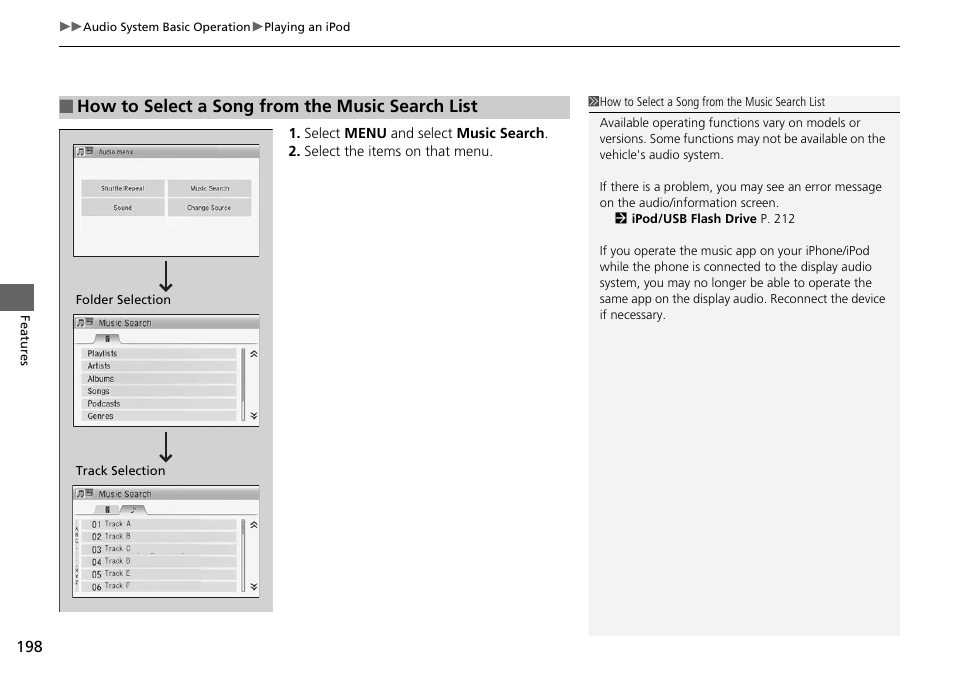 How to select a song from the music search list | HONDA 2015 Civic Si Coupe - Owner's Manual User Manual | Page 199 / 441