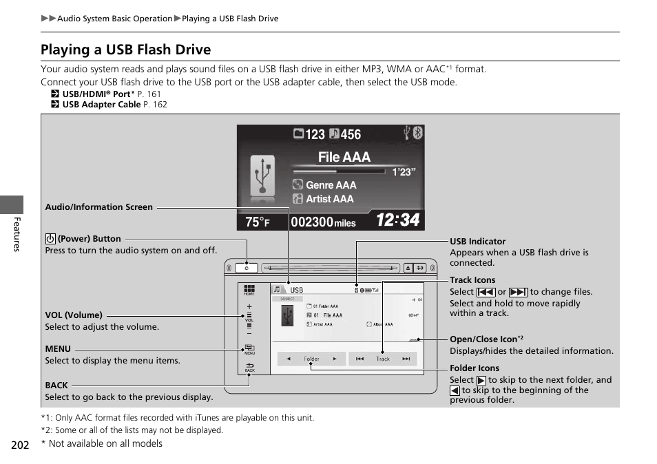 Playing a usb flash drive, File aaa | HONDA 2015 Civic Si Coupe - Owner's Manual User Manual | Page 203 / 441