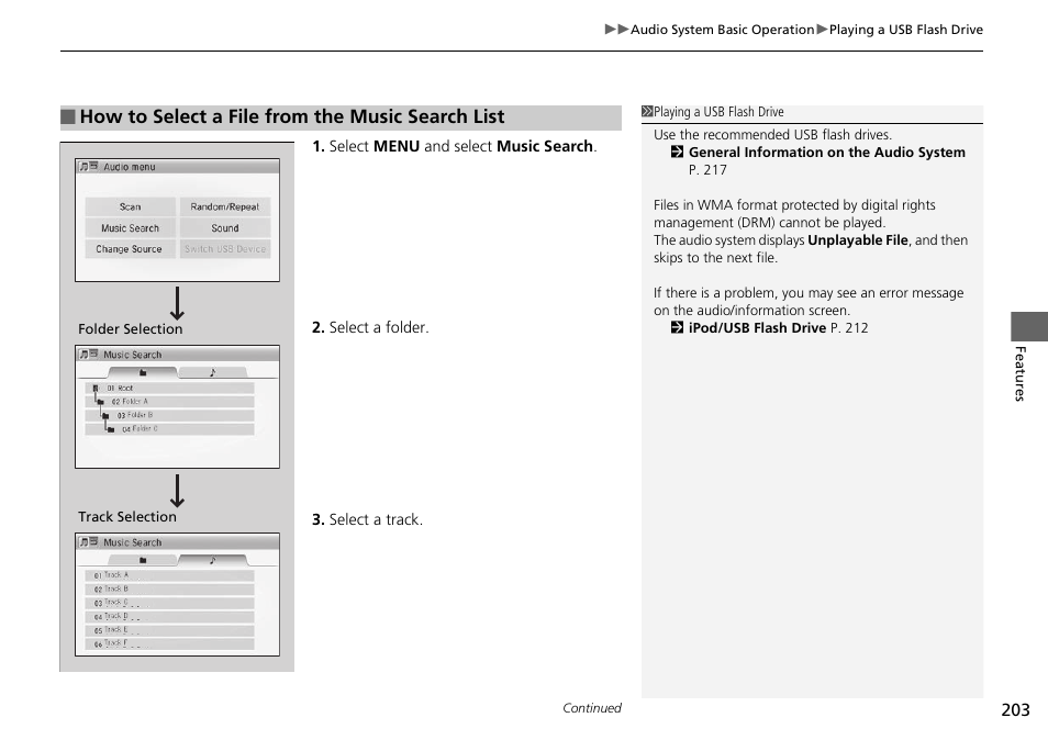 How to select a file from the music search list | HONDA 2015 Civic Si Coupe - Owner's Manual User Manual | Page 204 / 441