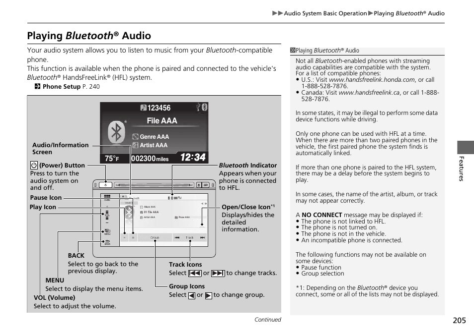 Playing bluetooth ® audio, File aaa | HONDA 2015 Civic Si Coupe - Owner's Manual User Manual | Page 206 / 441