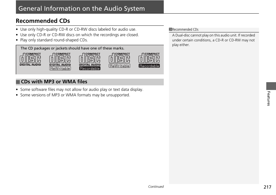 General information on the audio system p. 217, General information on the audio, System | General information on the audio system, Recommended cds | HONDA 2015 Civic Si Coupe - Owner's Manual User Manual | Page 218 / 441