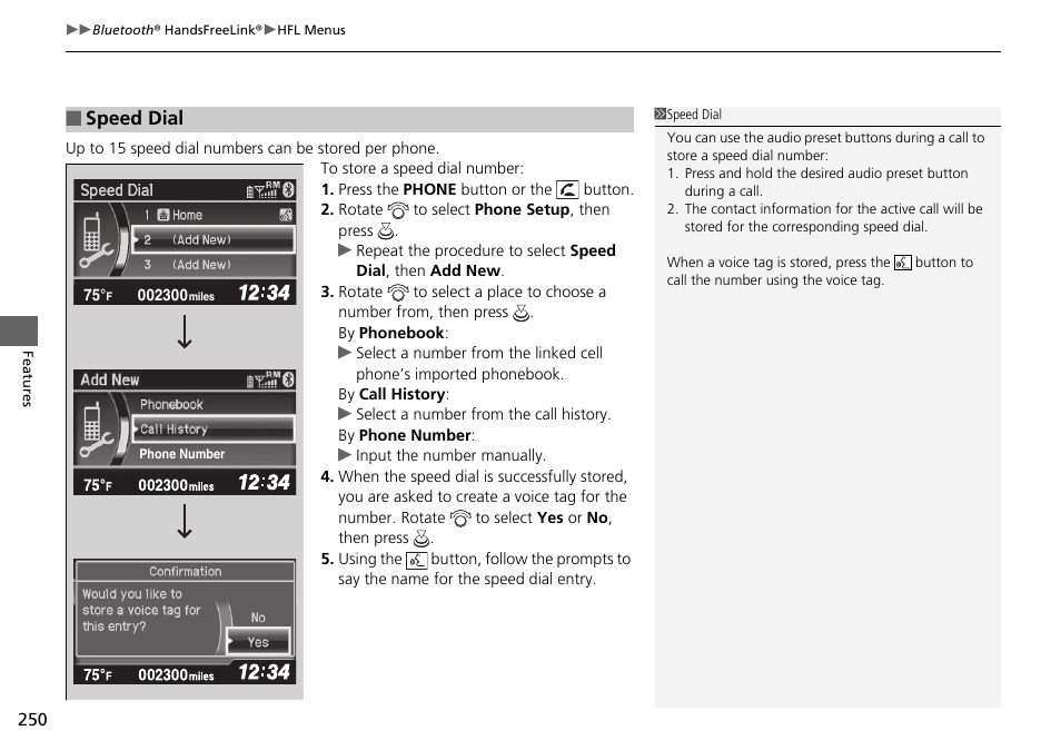 Speed dial p. 250, Speed dial | HONDA 2015 Civic Si Coupe - Owner's Manual User Manual | Page 251 / 441