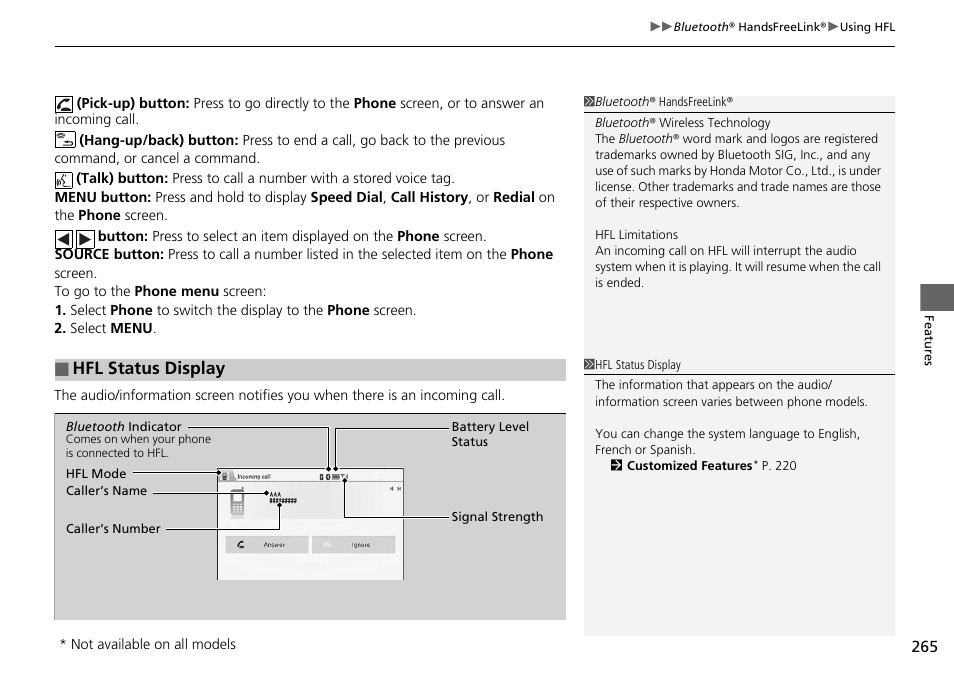 Hfl status display | HONDA 2015 Civic Si Coupe - Owner's Manual User Manual | Page 266 / 441