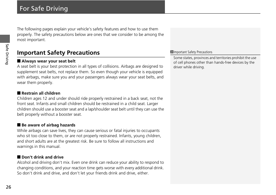 For safe driving p. 26, For safe driving, Important safety precautions | HONDA 2015 Civic Si Coupe - Owner's Manual User Manual | Page 27 / 441