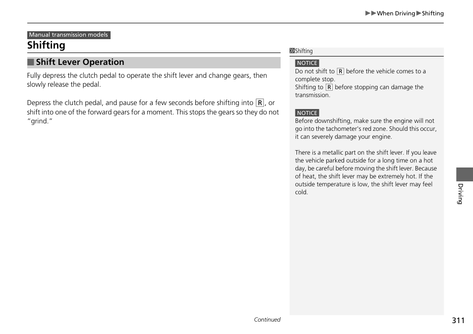 P311), P 311), Shifting | Shift lever operation | HONDA 2015 Civic Si Coupe - Owner's Manual User Manual | Page 312 / 441