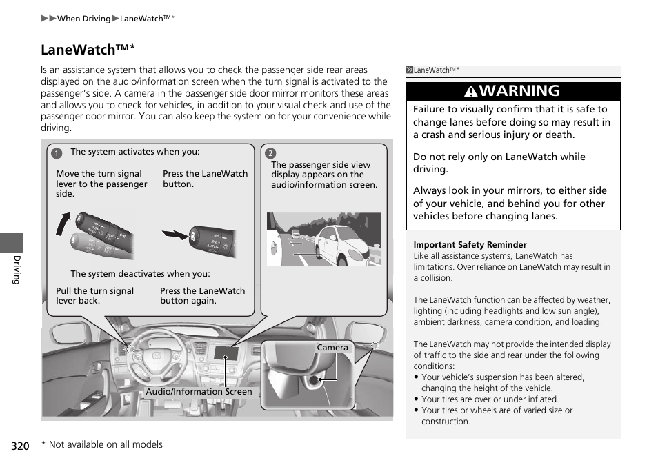 P320, Lanewatch, Warning | HONDA 2015 Civic Si Coupe - Owner's Manual User Manual | Page 321 / 441