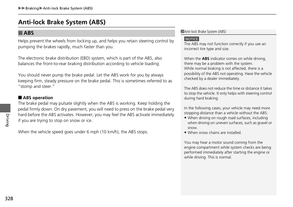 Anti-lock brake system (abs) | HONDA 2015 Civic Si Coupe - Owner's Manual User Manual | Page 329 / 441