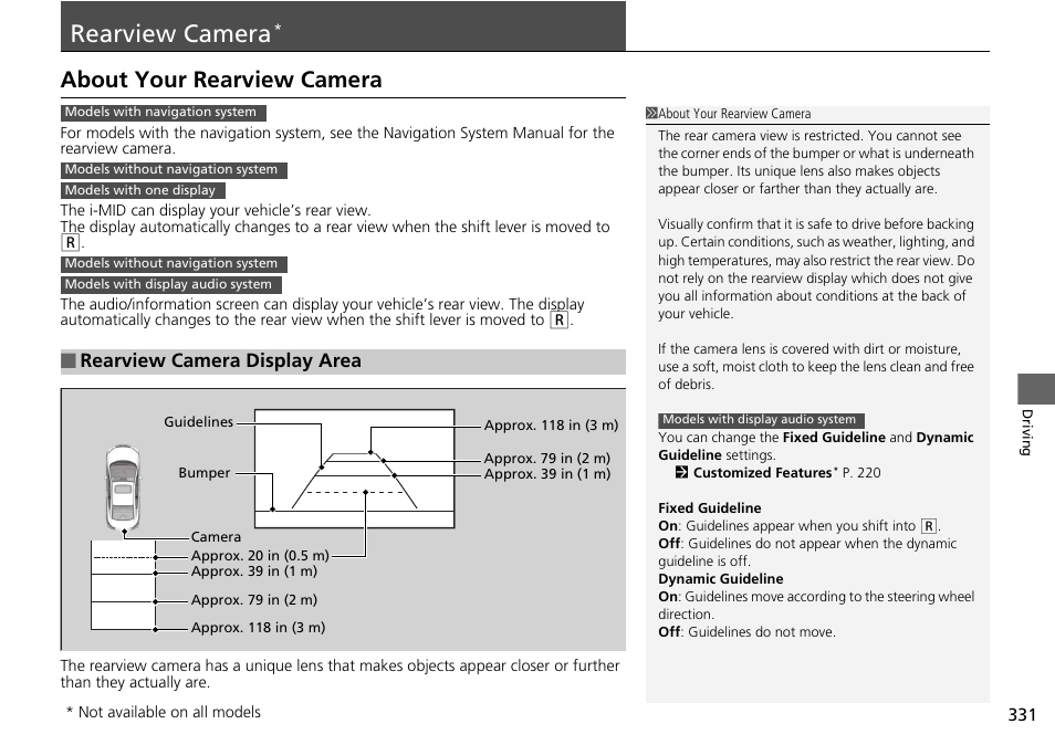 P331, Rearview camera, About your rearview camera | Rearview camera display area | HONDA 2015 Civic Si Coupe - Owner's Manual User Manual | Page 332 / 441