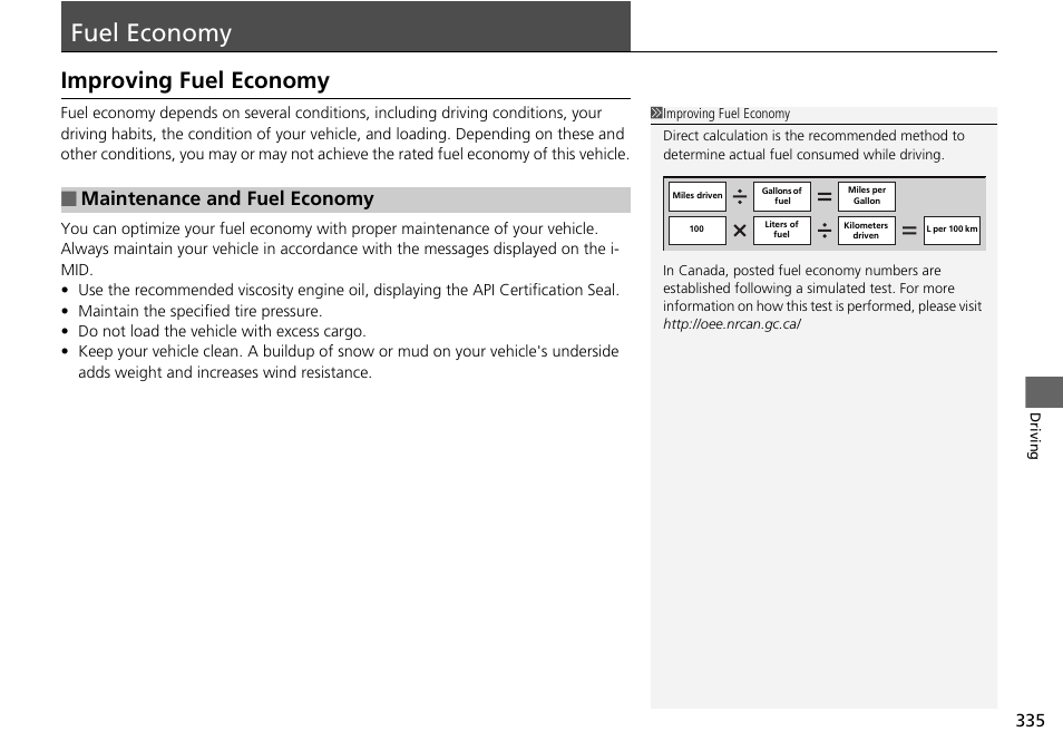 Fuel economy p. 335, Fuel economy, Improving fuel economy | Maintenance and fuel economy | HONDA 2015 Civic Si Coupe - Owner's Manual User Manual | Page 336 / 441