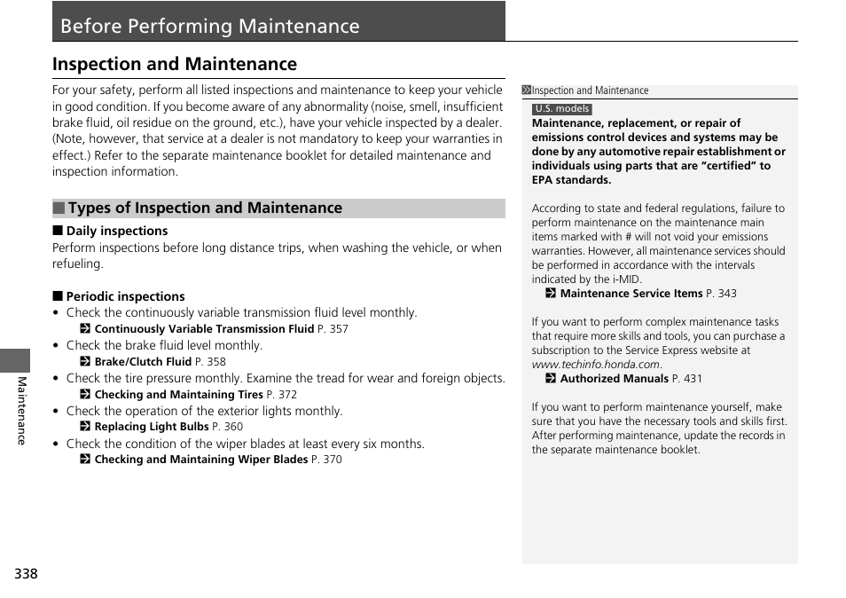 Before performing maintenance p. 338, Before performing maintenance, Inspection and maintenance | HONDA 2015 Civic Si Coupe - Owner's Manual User Manual | Page 339 / 441